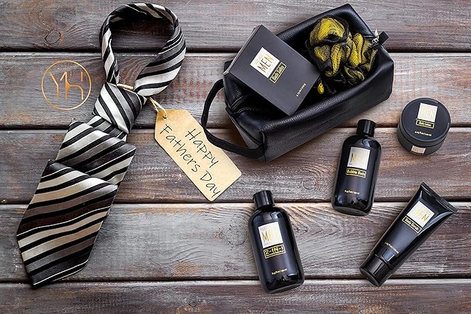 Bath and Body Spa Gift Baskets Set for Men - Sandalwood Amber - 7Pc Full Size Spa Kit in Toiletry Bag - Fathers Day Gifts For Husband, Dad From Wife, Daughter Son, Birthday Gifts For Him