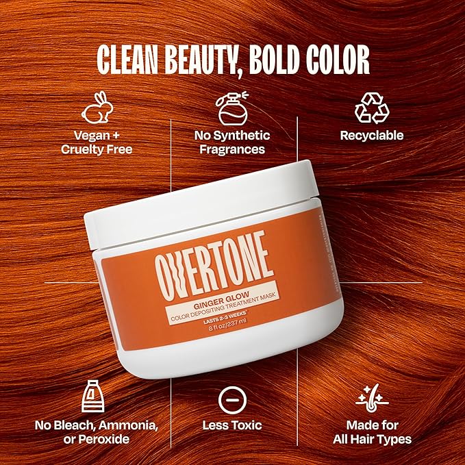 Overtone Semi Permanent Hair Color Conditioner, Ginger Glow, 8 oz, Nourishing, Damage-Free, Color Depositing Mask for All Hair Types with Shea Butter & Coconut Oil, Vegan & Cruelty-Free