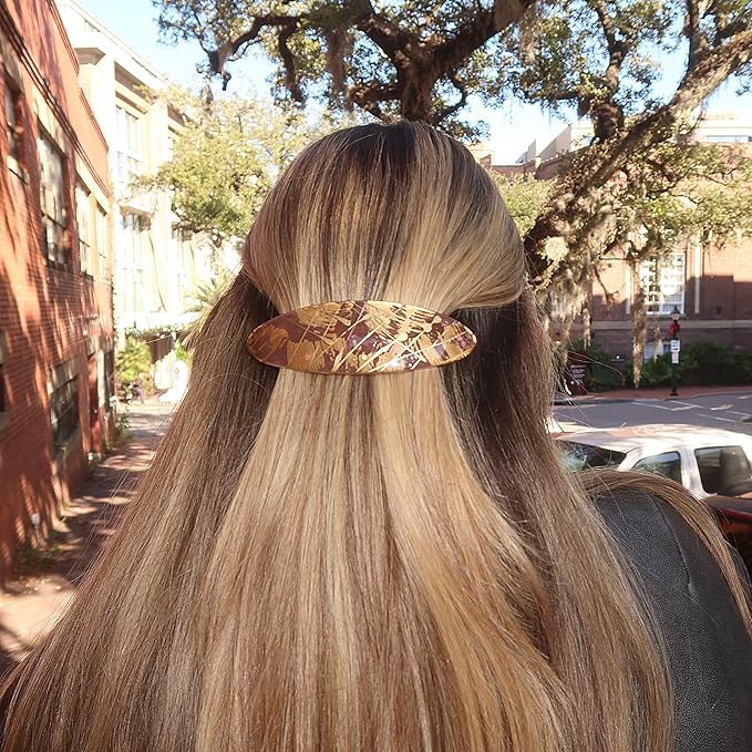 Camila Paris CP3872 French Hair Barrette Clip Oval Ligth Brown and Gold, Strong Hold Grip Hair Clips for Women, No Slip Rubberized Metal Closure, Durable Styling Girls Hair Accessories, Made in France