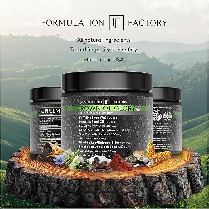 Formulation Factory Crown of Glory 10-in-1 Hair Growth Maximizer, DHT Blocker with Saw Palmetto, Fo-Ti, Collagen, Pumpkin Seed Oil & More, Supports Hair & Scalp Health (4 Month Supply, 240 Capsules)