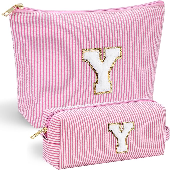 YOOLIFE Travel Makeup Bag Cosmetic Bag - Make Up Bag with Makeup Brush Bag Monogram Makeup Pouch Bag 2 Pieces Cute Makeup Bag Personalized Gifts Best Friend Birthday Gifts for Women Pink Letter Y