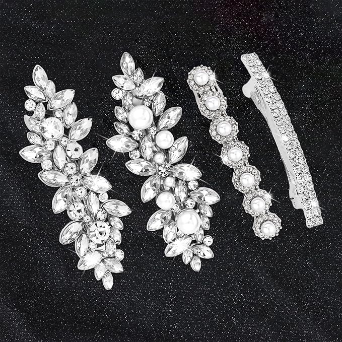 4PCS Rhinestone Hair Clips, Silver Sparkly Pearl Wedding Hair Barrettes, Elegant Metal Alloy Rhinestone Hair Accessories for Women Girls