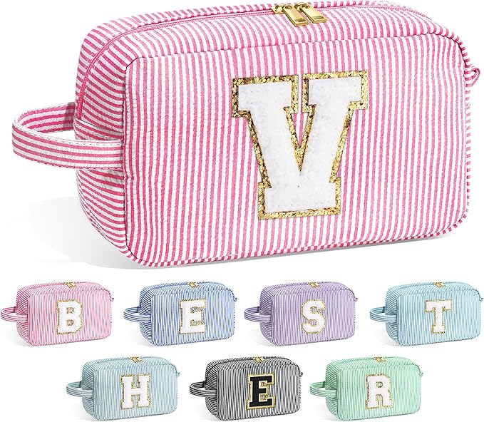 YOOLIFE Pink Cosmetic Travel Makeup Bag - Monogram Cute Initial Makeup Bags Cosmetic Toiletry Pouch Make Up Case for Women Her Best Friend Friendship Teacher, Personalized Birthday Gifts for Women V