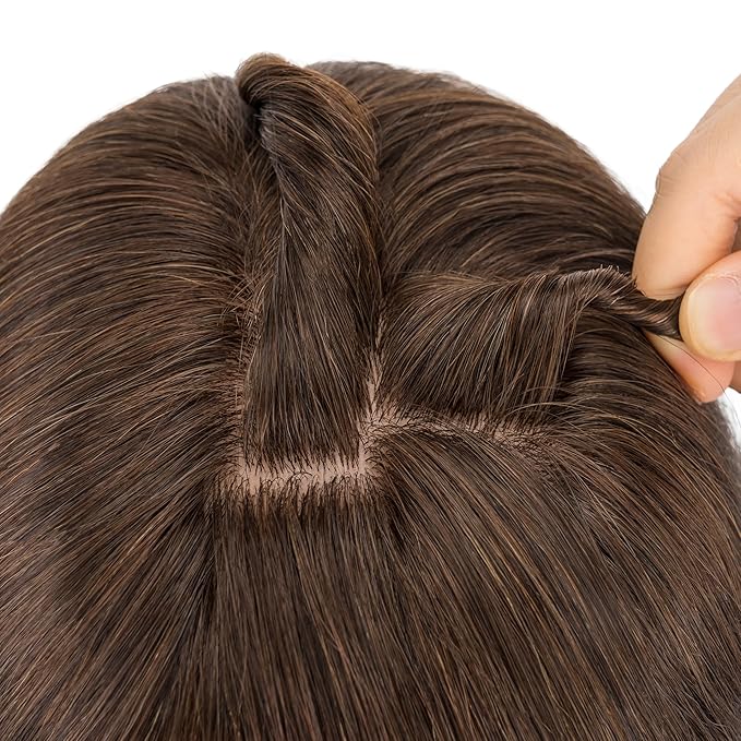Hairro Human Hair Toppers Free Parted, 3.5x4.7" Base Hand-wovened 100% Real Hairpieces, with Invisible Clips-in for Women, for High Hairline/Adding Volume on Top, 16 Inch Dark Brown