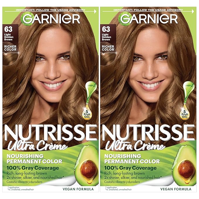 Garnier Hair Color Nutrisse Nourishing Creme, 63 Light Golden Brown (Brown Sugar) Permanent Hair Dye, 2 Count (Packaging May Vary)