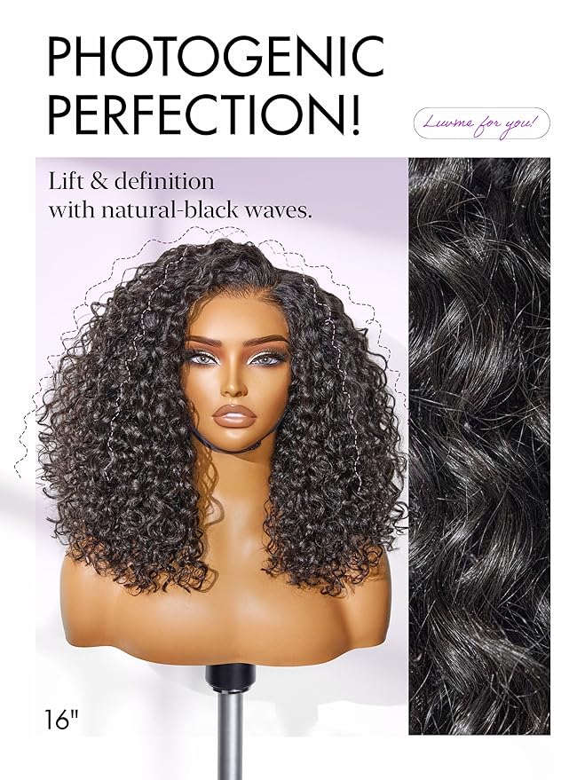 LUVME HAIR Curly Deep Wave Glueless Lace 100% Human Hair Short Wigs 16 Inches Pre Cut Plucked Hd Lace Wig Ready To Go Natural Color Bleached Knots Side Part Black Wigs 16 Inches