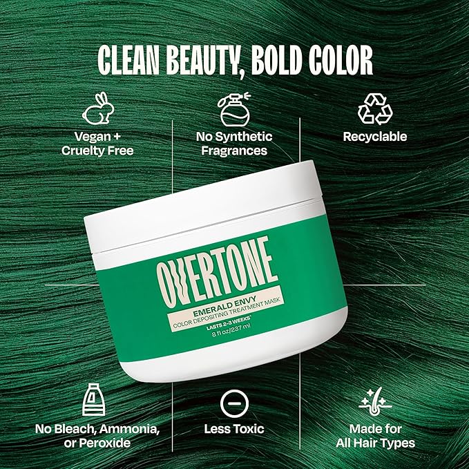 Overtone Color Depositing Semi-Permanent Hair Dye Conditioner - 8 oz For Natural & Color-Treated Hair, Moisturizing Shea Butter & Coconut Oil - Vegan & Cruelty-Free, Emerald Envy