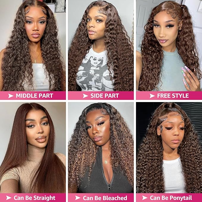200% Density Chocolate Brown 13x6 Deep Wave Lace Front Wigs Human Hair Curly Wig HD Lace Front Wigs Human Hair Pre Plucked Frontal Wigs Human Hair Glueless Wig For Women (28 Inch)