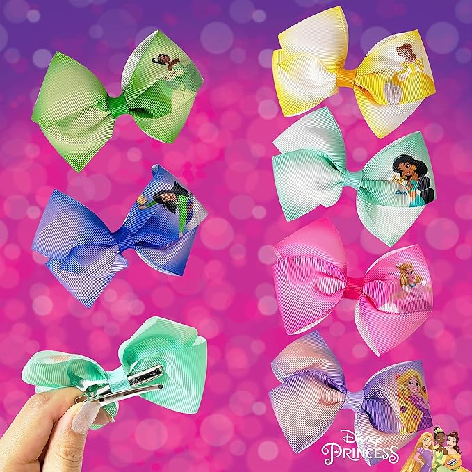 Disney Princess - Girls Hair Accessories Gift Set - Kids Hair Bows - 7 Pcs 4 Inch Bundle - Different Princess on Each Clip - Alligator Clip Ages 3+