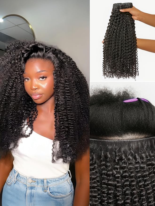 LUVME Invisible Clip ins Hair Extensions Deep Kinky Curly Real Human Hair Remy Hair Clip ins for Women, Natural Human Hair 14 inch 2 Pack 220g 12Pcs, Natural Black