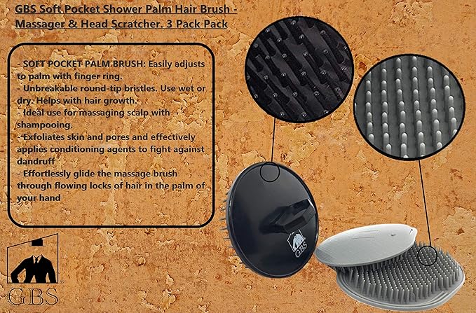 G.B.S Head Shampoo Scalp Massager Brush and Soft Palm Pocket Comb for All Hair Types, Pack of 3 (1 Black and 2 Gray) Made in U.S.A