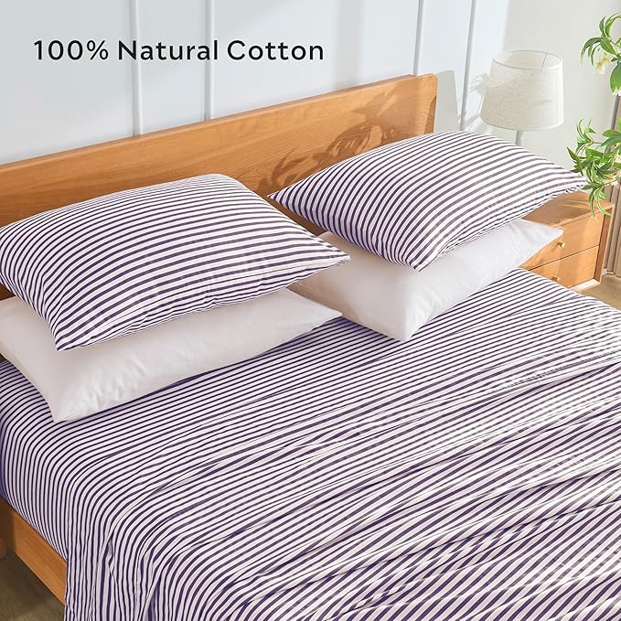JELLYMONI 100% Natural Cotton Striped King Pillowcases Set, 2 Pack White and Purple Stripes Pattern Printed Pillow Covers with Envelope Closure(Pillows are not Included)