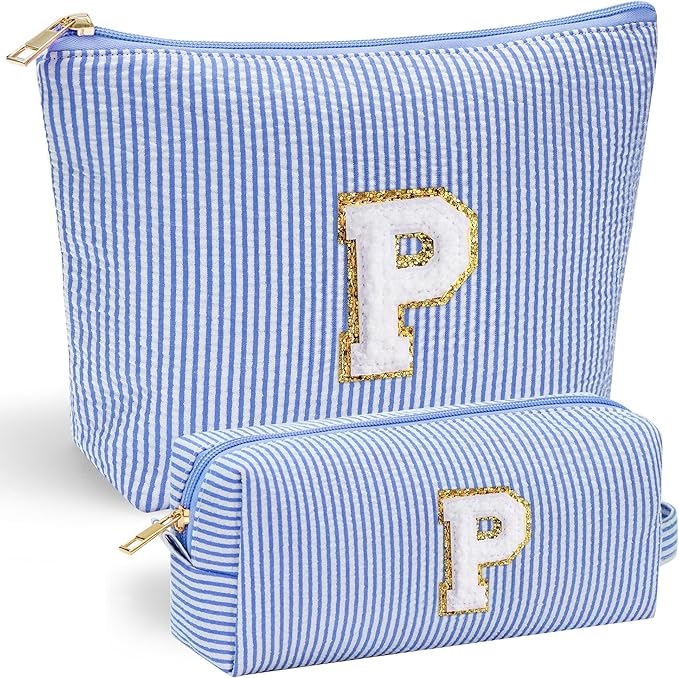 YOOLIFE Preppy Makeup Bag Travel Makeup Bag - Initial Cosmetic Bag Cute Makeup Bag Travel Essentials Small Makeup Bag with Zipper Makeup Bag Organizer Personalized Gifts for Her Preppy Stuff Letter P