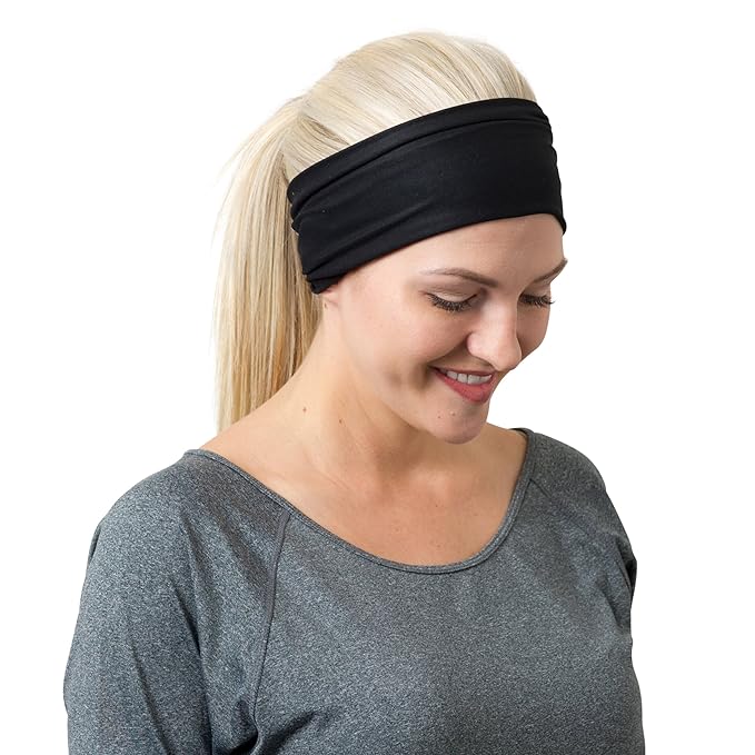 RiptGear Stretch Sport Headband for Women (Solid Black) — Made of Non-Slip Sweat Wicking Fabric — Great for Yoga, Running or The Gym — Soft Headband That Fits Most Head Sizes — (1-Pack)