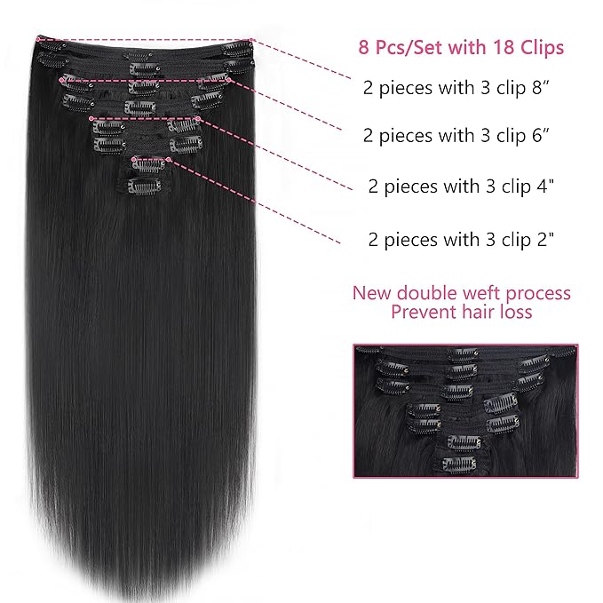 Straight Clip in Hair Extensions Real Human Hair For Women EasiContour Brazilian Virgin Hair Straight Clip ins 8pcs With 18 Clips 120g(26inch,#1B)