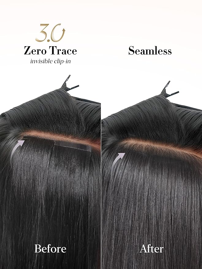 LUVME 0.59mm Zero Trace Invisible Clip in Hair Extensions, Yaki Straight 7 Pcs 100g 20 Inch, 100% Real Human Hair Clip Ins, Seven Piece Full Head Set with Balanced Coverage for Everyday Styles