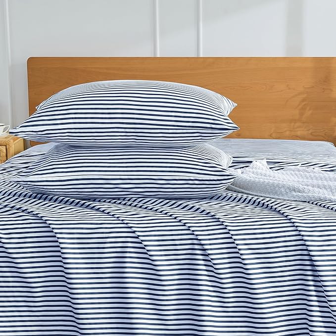 JELLYMONI 100% Natural Cotton Striped Queen Pillowcases Set, 4 Pack White and Dark Blue Stripes Pattern Printed Pillow Covers with Envelope Closure(Pillows are not Included)