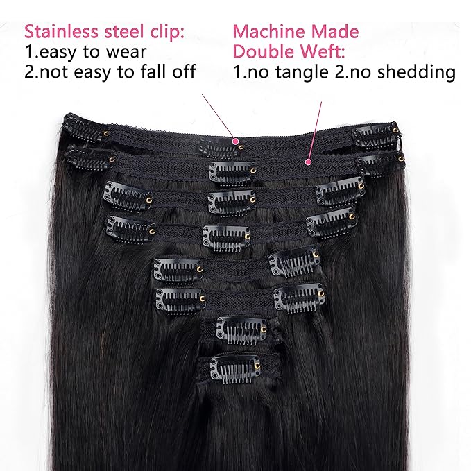 Clip in Hair Extensions Real Human Hair For Women Double Weft Brazilian Virgin Hair Extensions Wear and Go Straight Clip on Hair 8pcs With 18 Clips 120g(20inch,#1B)