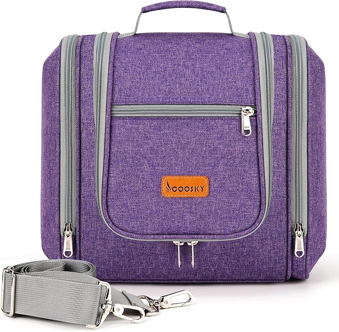 Hanging Travel Toiletry Bag for Women and Men, 6 Organizer Compartments, Extra Large Toiletries Bag, Bathroom Cosmetic Bag, Water-resistant Makeup Bag, Holds Full-Size Shampoo, Purple