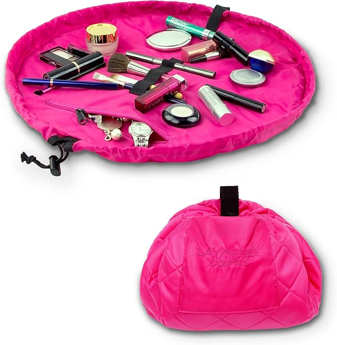 Lay-n-Go Cosmo Layflat Drawstring Cosmetic & Makeup Bag Organizer w/Zipper Pocket, Brush Loops & More, Cinch to Close, Lay Flat to Use, Durable, Machine Wash, Travel Toiletry Bag (20", Pink)