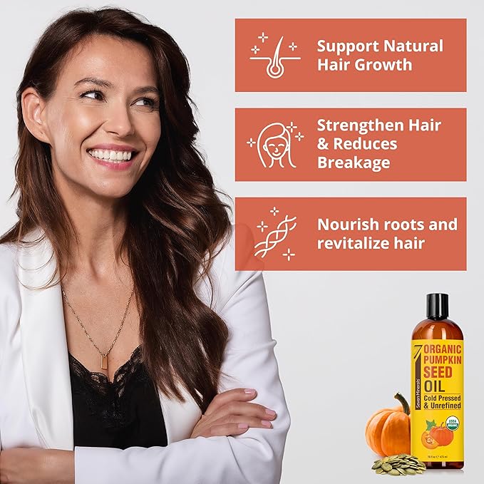 Seven Minerals NEW Pumpkin Seed Oil for Hair Growth, Face, & Body - Big 16oz Bottle - USDA Organic, Cold-Pressed & Hexane Free - Lightweight, Non-Greasy, & Deeply Moisturizing for Scalp, Skin