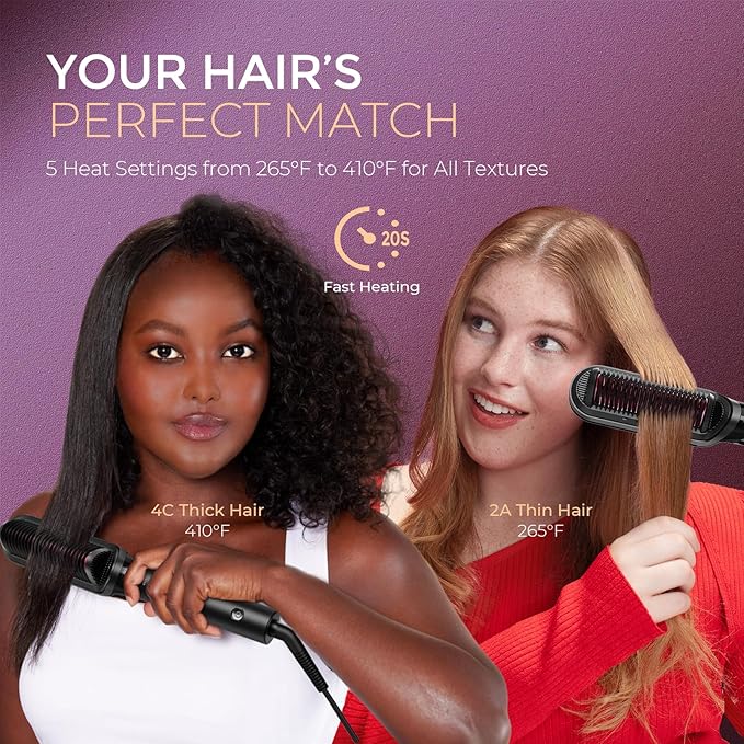 TYMO Flat Iron Hair Straightener Brush 2 in 1, 200M Ions Hair Straighteners for Women, Ceramic Dual Voltage Straightening Hot Comb for Anti-Frizz Straights, Waves, Curls, 3X Less Heat Damage, Black