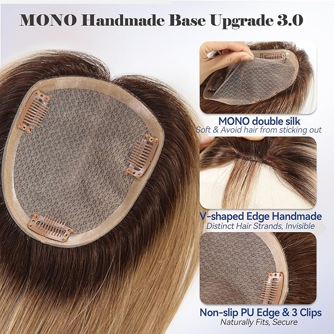 HAIRCUBE Hair Toppers 100% Real Human Hair,Ombre Ash Blonde, 5.5"*5"MONO Large Base, 56g Hand-moven Real Human HairToppers for Women with ThinningHair