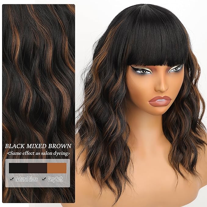 Nnzes Black Mixed Brown Wig with Bangs Short Bob Wavy Wigs Synthetic Curly Wig for Women Natural Looking Heat Resistant Fiber Hair for Daily Party Use