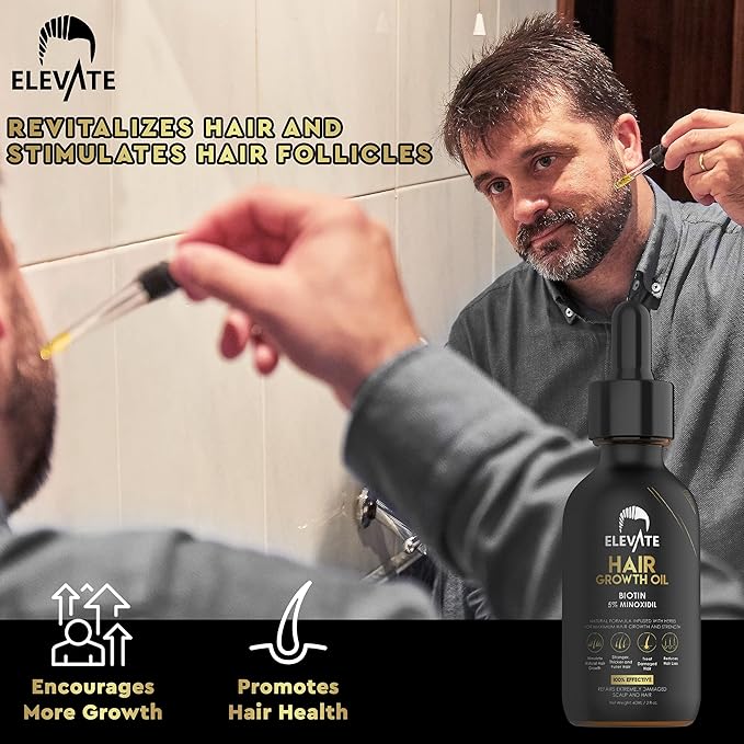Elevate Hair Regrowth Treatment 5% Minoxidil Solution - Biotin Serum Hair Growth Oil for Men & Women - Thicker Fuller Stronger Hair - Stops Hair Loss & Thinning - Natural Hair Thickening Treatment 1oz