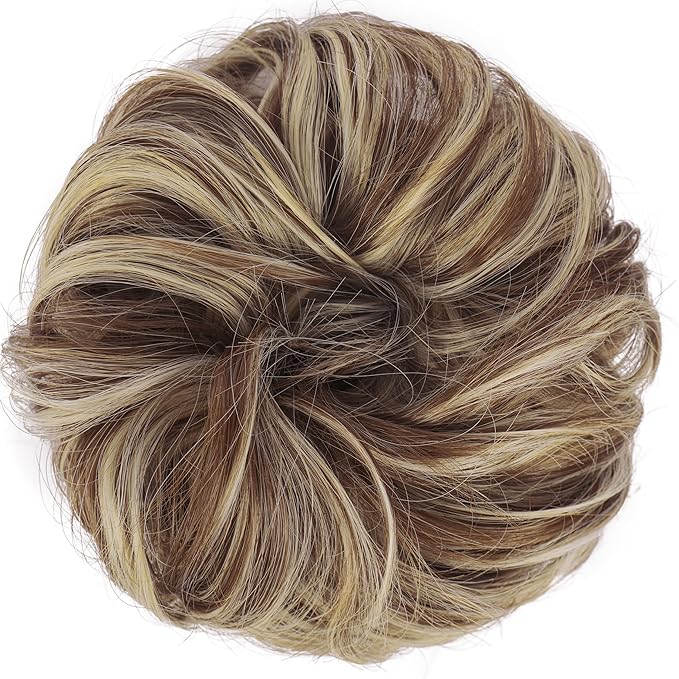 FESHFEN Messy Bun Hair Piece - Large Elastic Wavy Curly Hair Bun Scrunchies Ponytail Extensions Synthetic Chignon Hairpieces for Women, Copper Brown & Beige Blonde 1.94oz