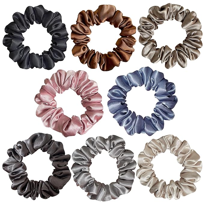Satin Scrunchies for Women, 8 pcs No Crease No Slip Hair Ties, No Damage Elastic Hair Bands, Hair Styling Accessories, Hair Scrunchy for All Hair Types, Ponytail Holders for Thin & Thick Hair
