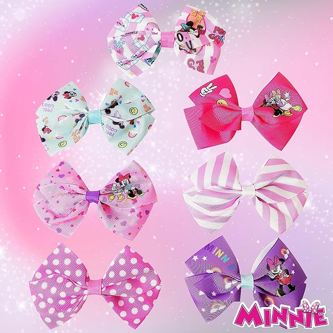 Disney Minnie Mouse Hair Bows - Hair Accessories Gift Set - Minnie Hair Bow - 7 Pcs 4 Inch Bundle - Hair Bows for Girls - Minnie on each clip - Alligator Clip - Ages 3 +