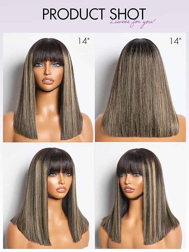 LUVME HAIR 14 Inch Blonde Highlight Bob Human Hair Wig with Bangs Glueless HD Lace Bang Wig True Scalp Ready to Go Silky Straight Highlight Human Hair Short Wig with Bangs (Breathable Cap)