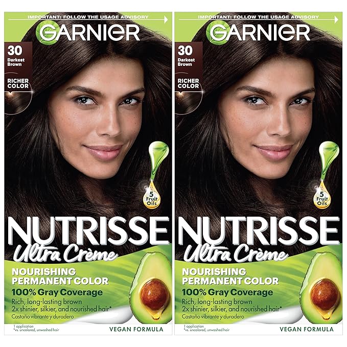 Garnier Hair Color Nutrisse Nourishing Creme, 30 Darkest Brown (Sweet Cola) Permanent Hair Dye, 2 Count (Packaging May Vary)