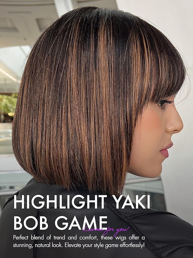 LUVME HAIR 10 Inch Yaki Straight Bob Wig with Bangs Human Hair Glueless HD Lace Bob Wig with Brown Highlights, Ready to Go Short Wigs For Women 180 Density (Breathable Cap)