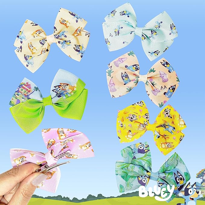 Bluey Kids Hair Bows - Hair Accessories Gift Set - Bluey Hair Bow - 7 Pcs 4 Inch Bow Bundle - HairBows for Girls - Different Bluey print on each clip - Alligator Clip - Ages 3 +