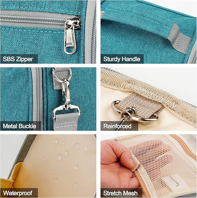 Hanging Travel Toiletry Bag for Women and Men, 6 Organizer Compartments, Extra Large Toiletries Bag, Bathroom Cosmetic Bag, Water-resistant Makeup Bag, Holds Full-Size Shampoo, Blue