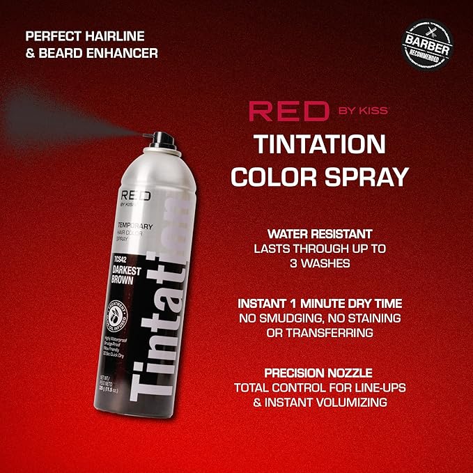 RED by Kiss Tintation Temporary Hair Color Spray, Extra Large Size, Instant Gray Root Cover Up, Water-Resistant, Smudge-Proof, Hairline & Barber Touch-Up, Quick Dry (Darkest Brown, 11.5 OZ)