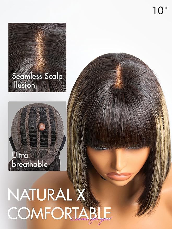 LUVME HAIR 14 Inch Blonde Highlight Bob Human Hair Wig with Bangs Glueless HD Lace Bang Wig True Scalp Ready to Go Silky Straight Highlight Human Hair Short Wig with Bangs (Breathable Cap)