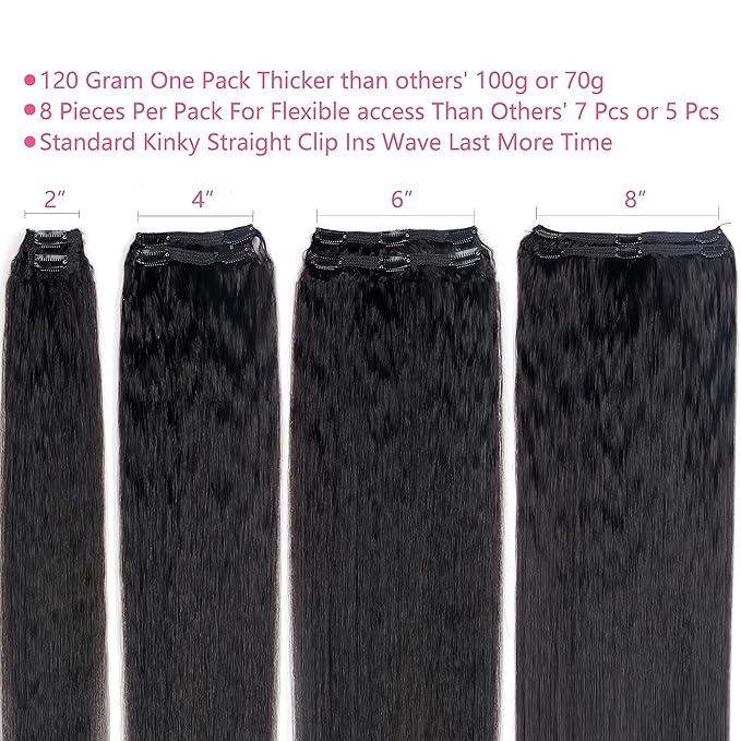 Kinky Straight Clip in Hair Extensions Real Human Hair Clip ins Natural Black Double Weft Clip ins for Women 12 Inch 120g 8pcs Kinky Straight Clip on Extensions Human Hair