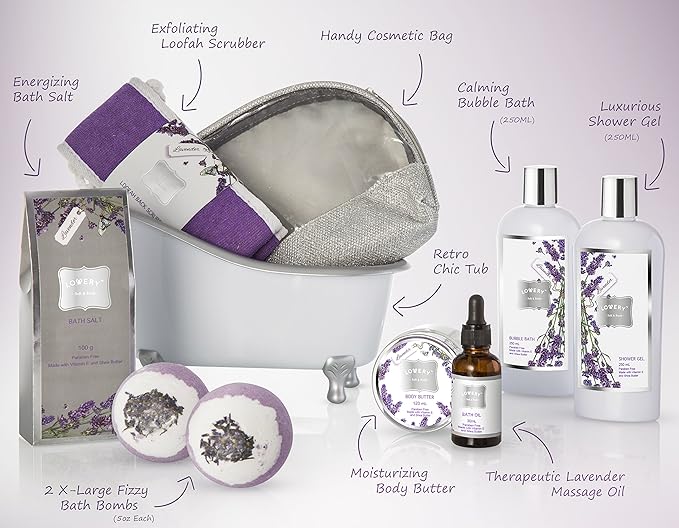 Christmas Gift Baskets for Women Bath Gift Set for Women, Bath and Body Spa Set Lavender and Jasmine with Large Bath Bombs, Salts, Shower Gel, Body Butter Lotion, Bath Oil, Bubble Bath, Loofah & More