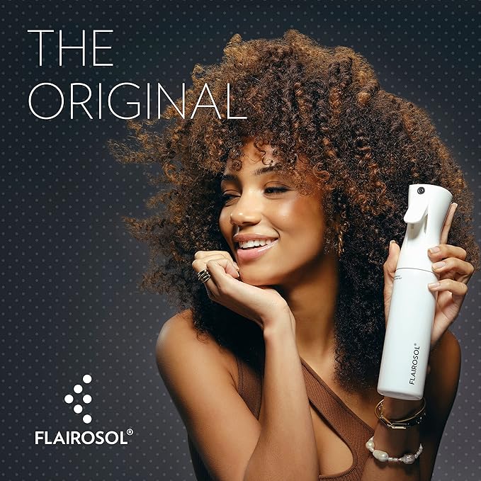 FLAIROSOL - The Original, Spray Bottle for Hair, Continuous Ultra Fine Water Mister Spray Bottle for Hairstyling, Barbers, Salons, Cleaning, Plants, 10.1oz/300ml, White Bottle - Black Print