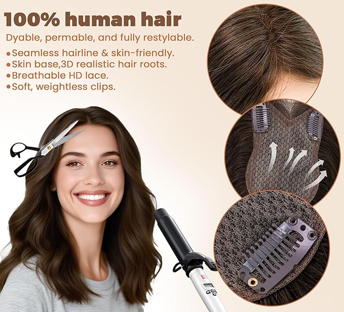8x11cm Breathable Hair Topper, 12 inches 35g 120% Density Real Human Hair, 3 Non-Slip BB Clips, Wearable on Left, Right & Middle Part, Versatile Styling for Hair Loss & Volume Boost (Black)