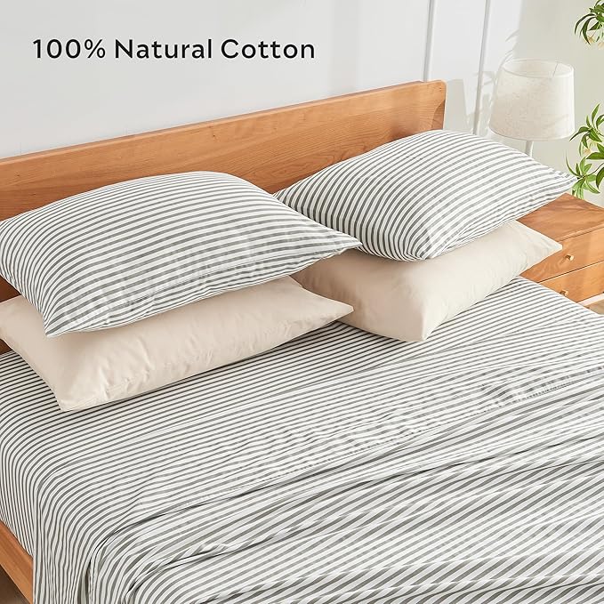 JELLYMONI 100% Natural Cotton Striped Standard Pillowcases Set, 6 Pack White and Grey Stripes Pattern Printed Pillow Covers with Envelope Closure(Pillows are not Included)