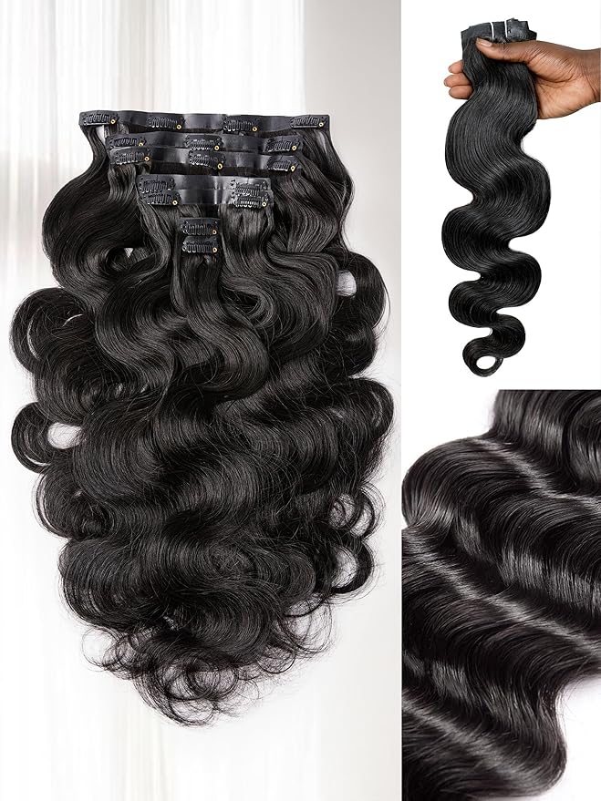 LUVME Hair Extensions Real Human Hair, Natural Black 135g 7pcs 20 Inch, Seamless Clip in Hair Extensions Human Hair Clip ins Body Wavy Hair
