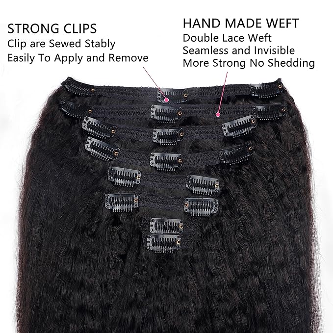 Kinky Straight Clip in Hair Extensions Real Human Hair Natural Black Double Weft Clip ins for Women 16 Inch 120g 8pcs Seamless Kinky Straight Clip on Extensions Human Hair