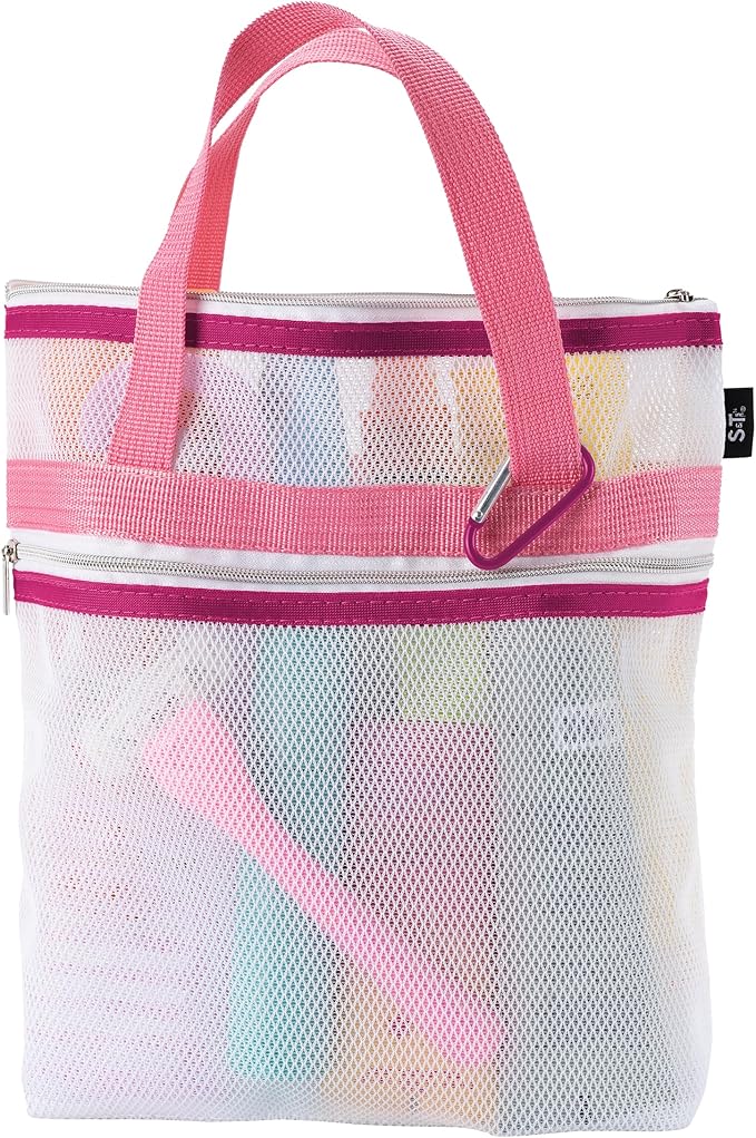 S&T INC. Mesh Shower Caddy, Shower Bag for Dorm Room Essentials, Gym Bag, Camping and More, Two Zippered Pockets, White and Pink, 10 Inches x 10 Inches