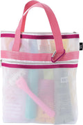 S&T INC. Mesh Shower Caddy, Shower Bag for Dorm Room Essentials, Gym Bag, Camping and More, Two Zippered Pockets, White and Pink, 10 Inches x 10 Inches