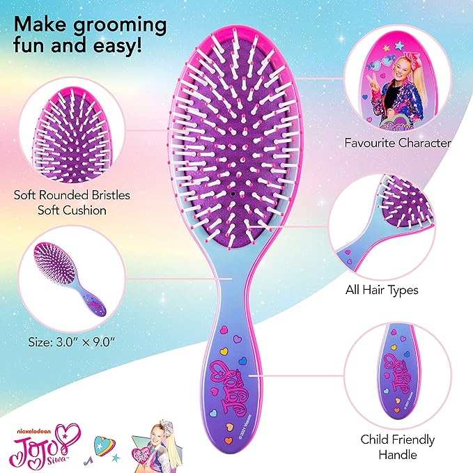LUV HER Nickelodeon Jojo Siwa Hair Brush & 4 Scrunchies - Girls 9inc Hair Set, Detangling Brush for Thick Curly Thin Wet or Dry Hair - Hair Accessories for Kids Ages 3+