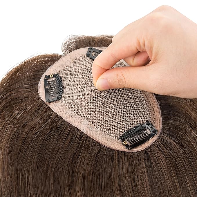 Hairro Human Hair Toppers Free Parted, 3.5x4.7" Base Hand-wovened 100% Real Hairpieces, with Invisible Clips-in for Women, for High Hairline/Adding Volume on Top, 16 Inch Dark Brown